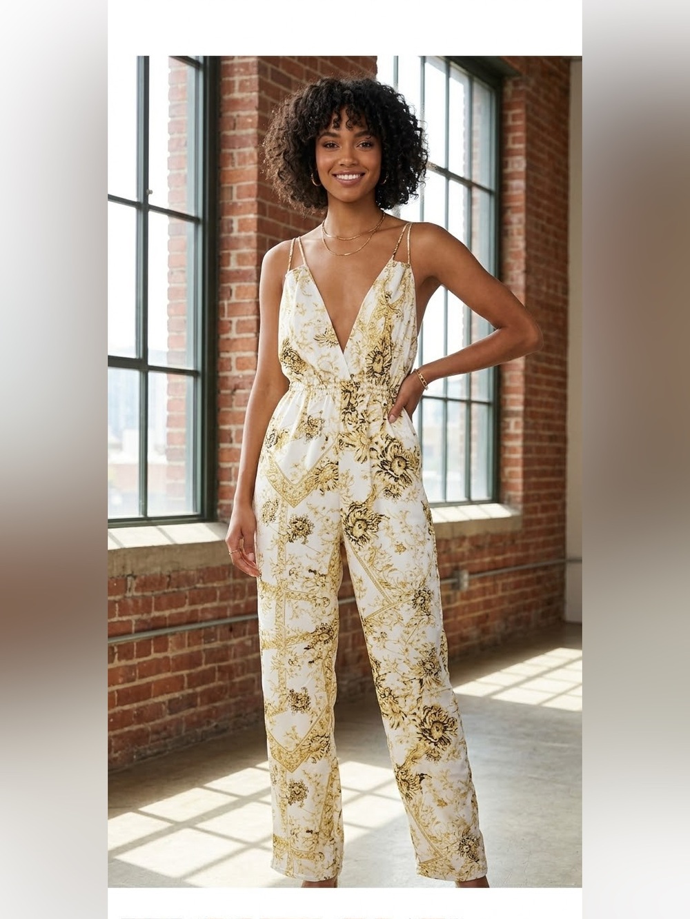 Rosevelvet Sleeveless V-Neck Floral Print  Wide Legged Jumpsuit Cream and Sage